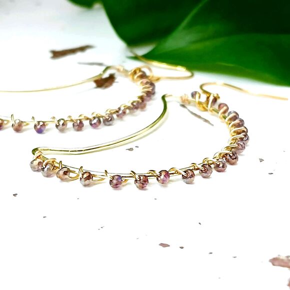 Gold Crescent Moon Beaded Dangle Earrings - 2.5" - Boho Celestial - Picture 6 of 10